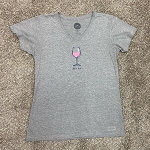 Life is‎ Good womens v- neck short sleeve shirt wine glass half full size m Gray